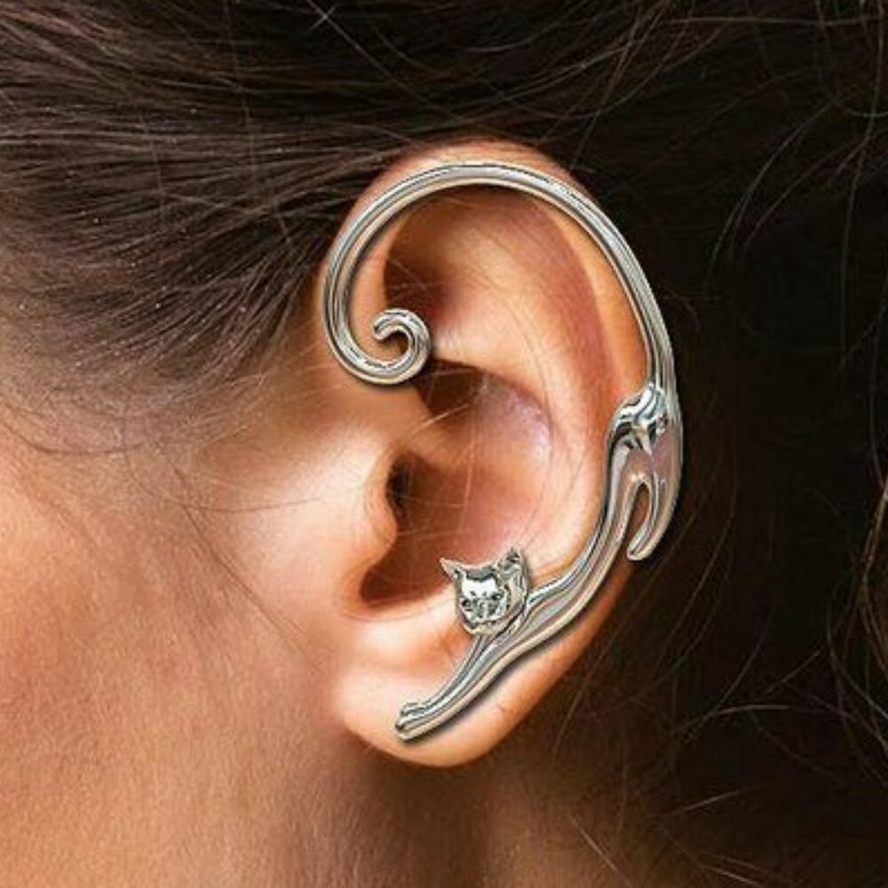 New Silver Cat Kitten Modern Minimalist Ear Cuff Single Pierced Post Earring